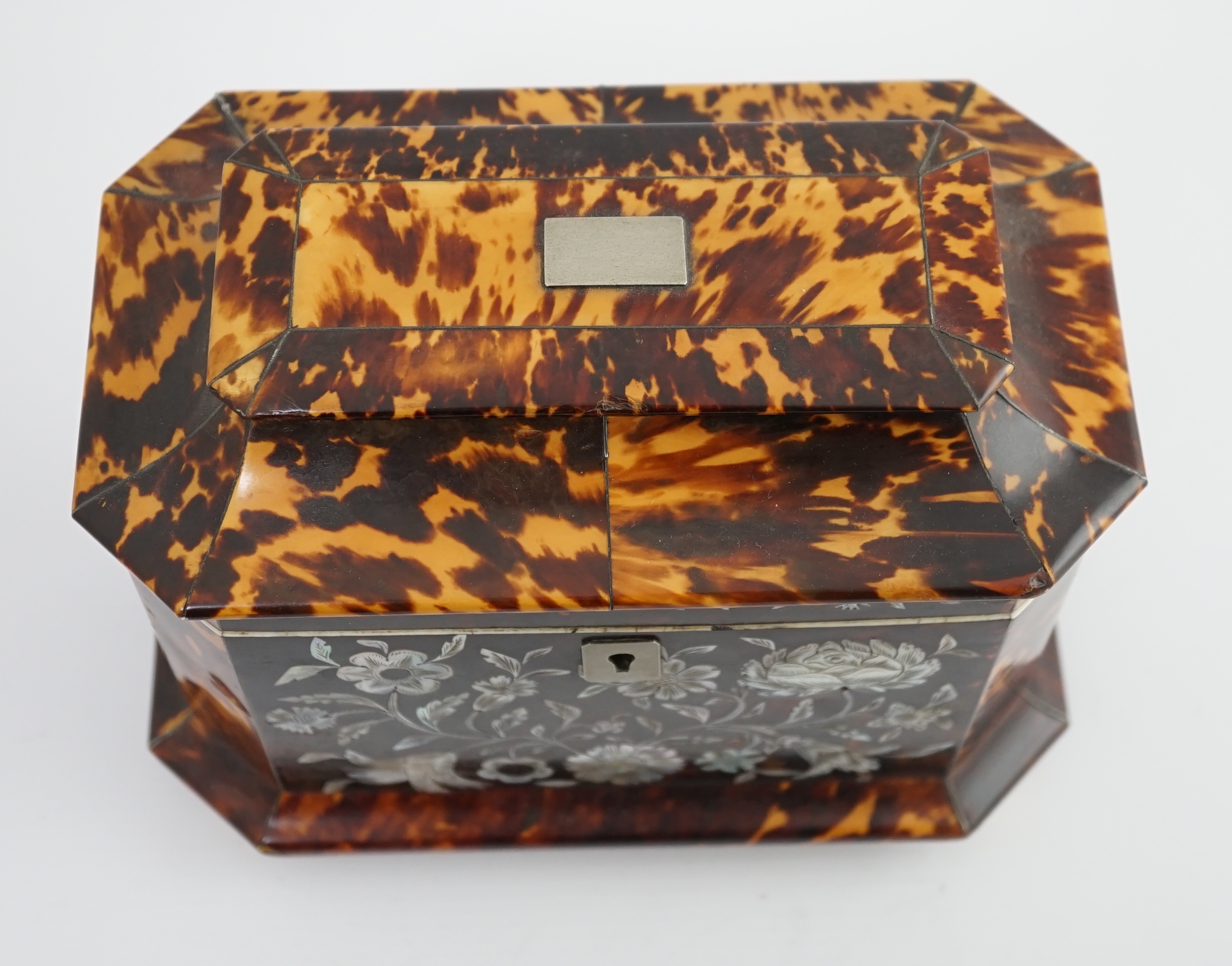 A Regency blond tortoiseshell and mother of pearl tea caddy